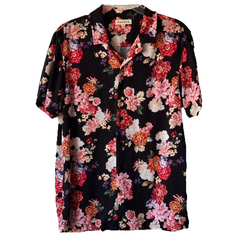 PacSun Men's Floral Camp Collar Shirt Black Pink Short Sleeve Resort Summer Sz M
